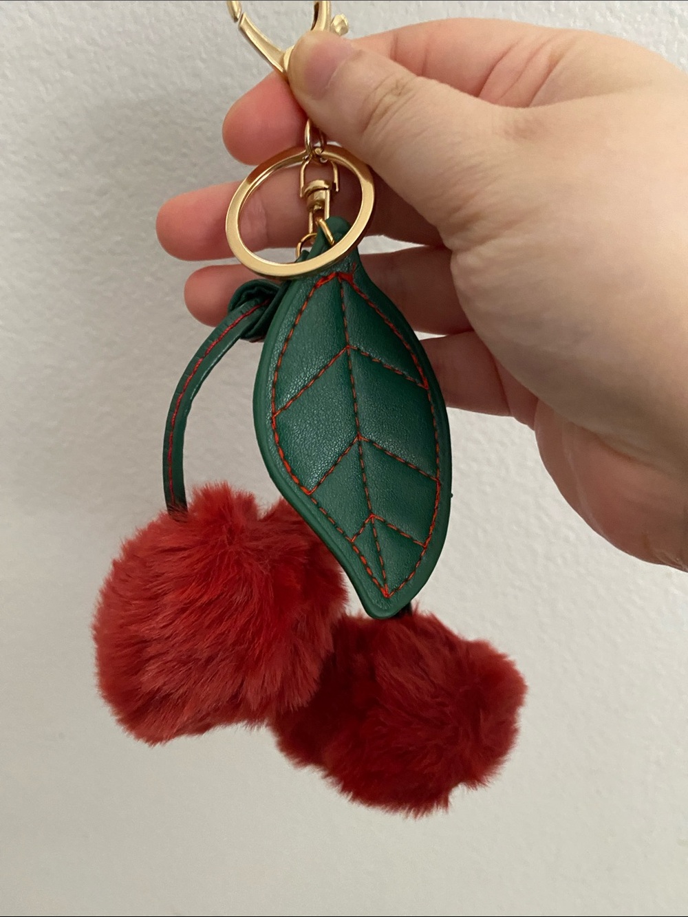 Green Leaf & Red Pom-Pom Keychain Charm
